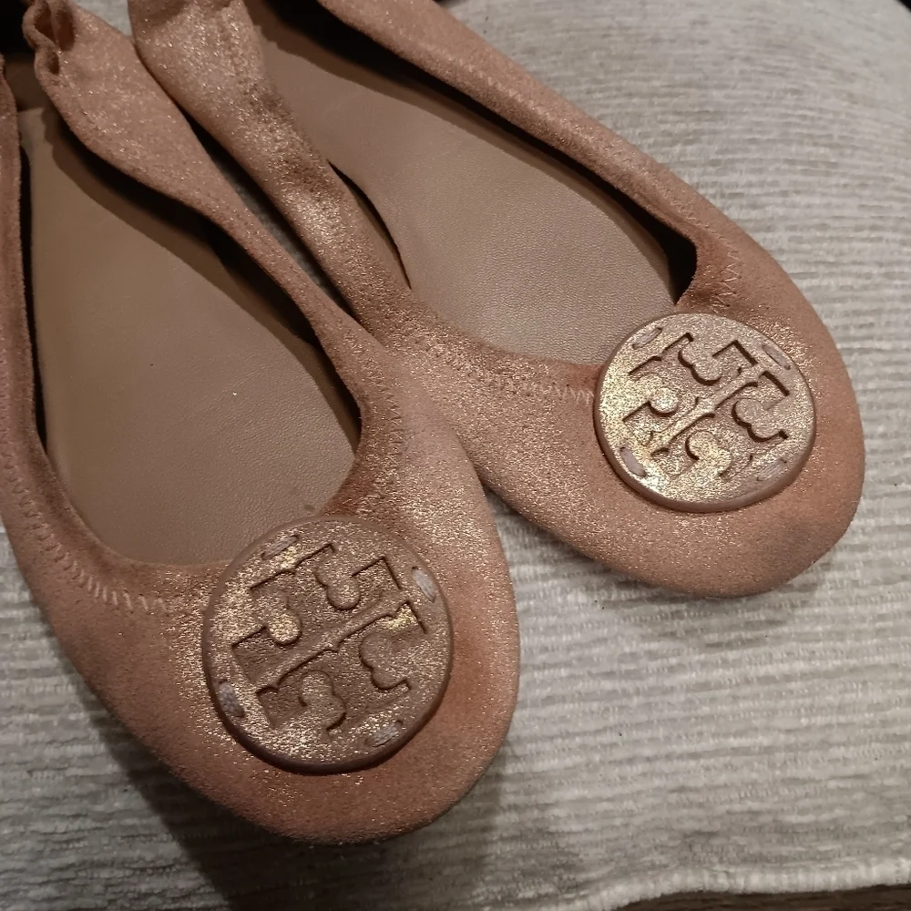 Tory Burch Minnie Travel Flats Sparkle Pink Metallic Leather 7.5 Pave Logo GUC